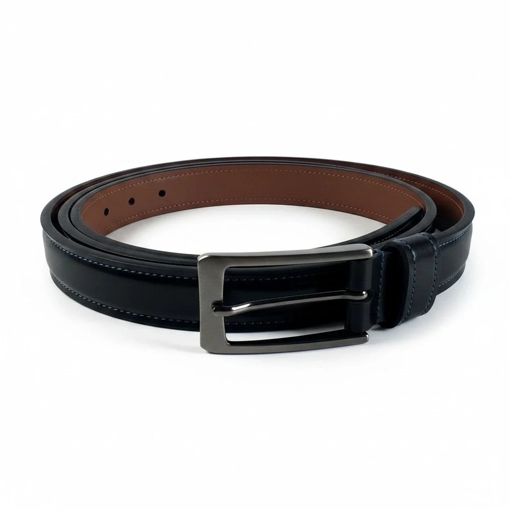 Johnston & Murphy Men Black Leather Dress Belt Gunmetal Buckle Blue Stitching 38